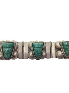 Vintage Mid Century Mexican Aztec Bracelet Silver Tone Green Panel Bracelet